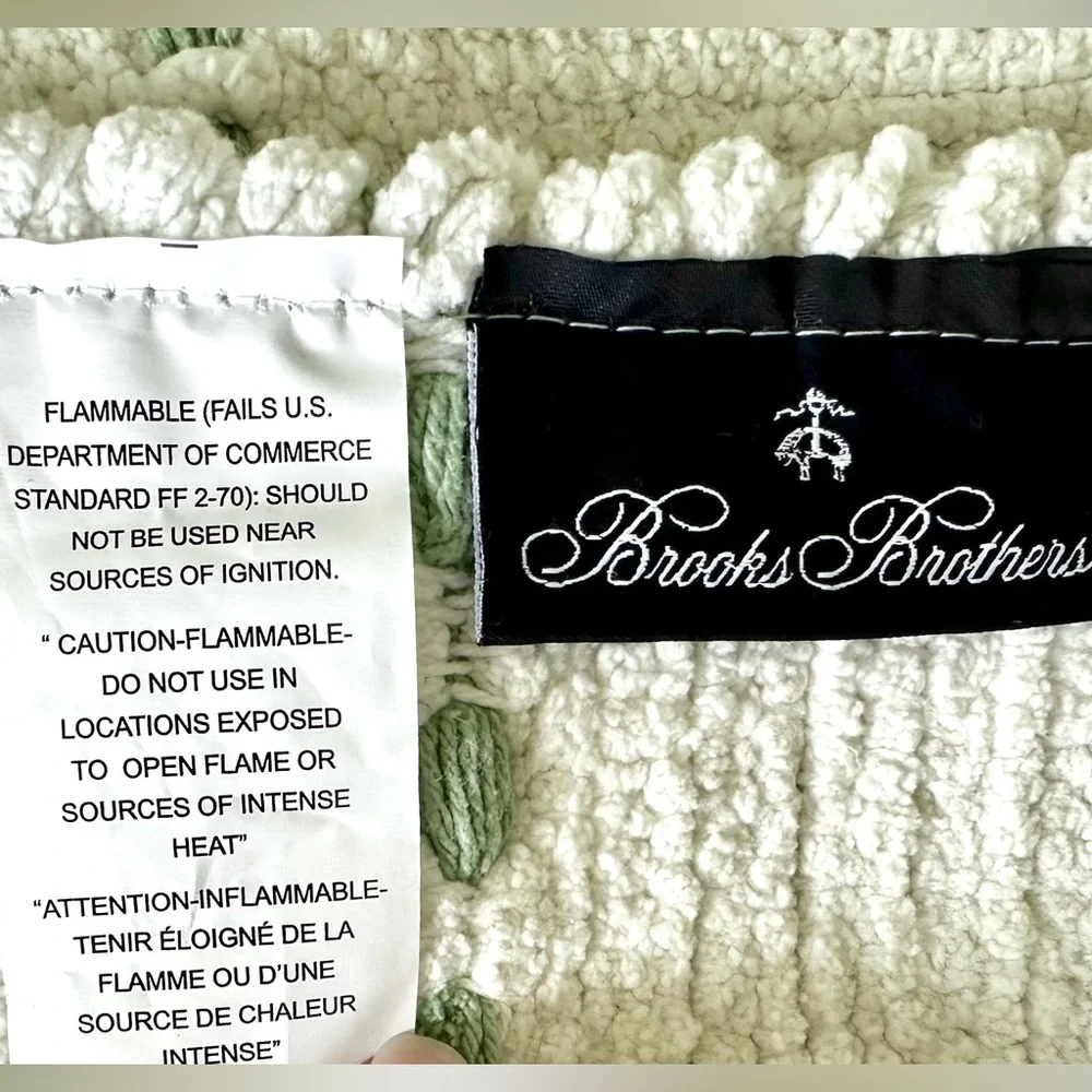 Brooks Brothers Bath Mat Lg Cotton Bath Rug Ivory W/ Green Embroidery Squares